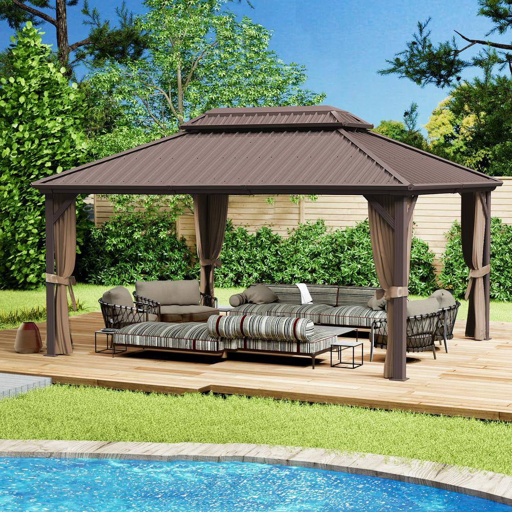 Caesar 12 Ft. X 16 Ft. Dark Brown Double Roof Permanent Hardtop Aluminum Gazebo with Netting and Sidewalls