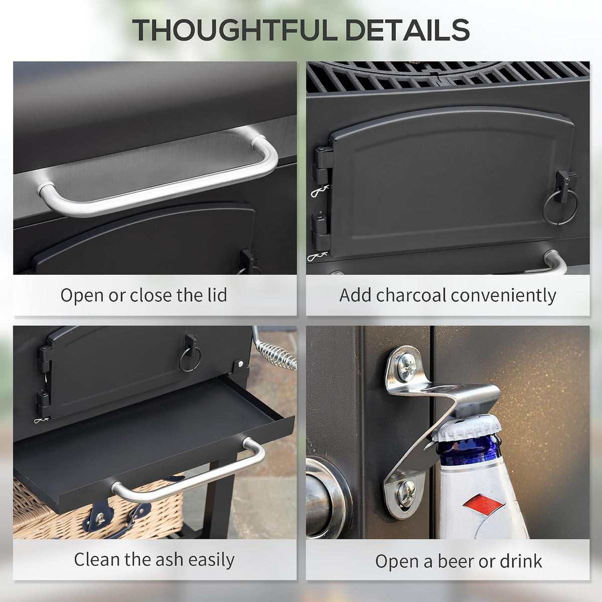 Charcoal Grill with Adjustable Height, Folding Shelves, Black