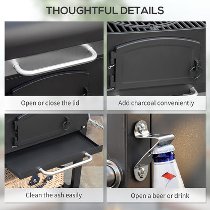 Charcoal Grill with Adjustable Height, Folding Shelves, Black