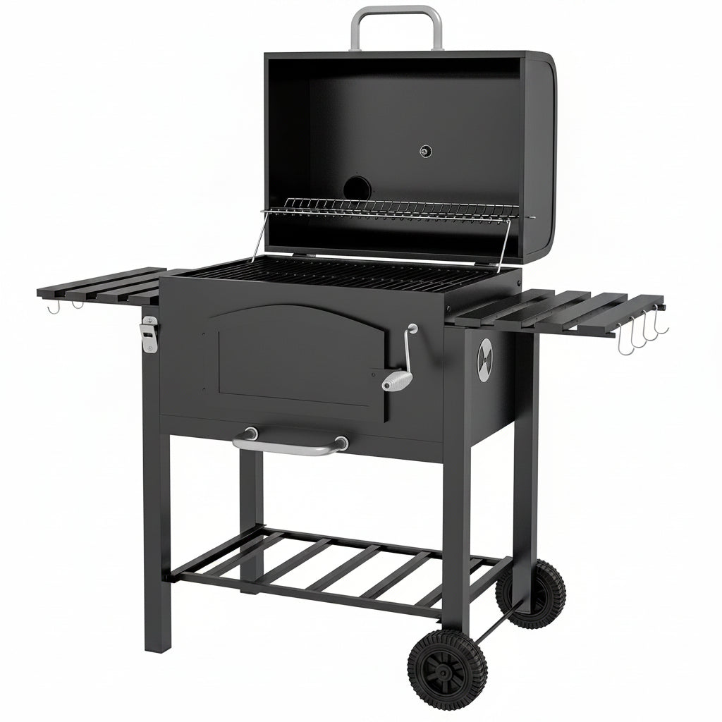 Charcoal Grill with Adjustable Height, Folding Shelves, Black
