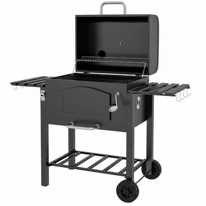 Charcoal Grill with Adjustable Height, Folding Shelves, Black