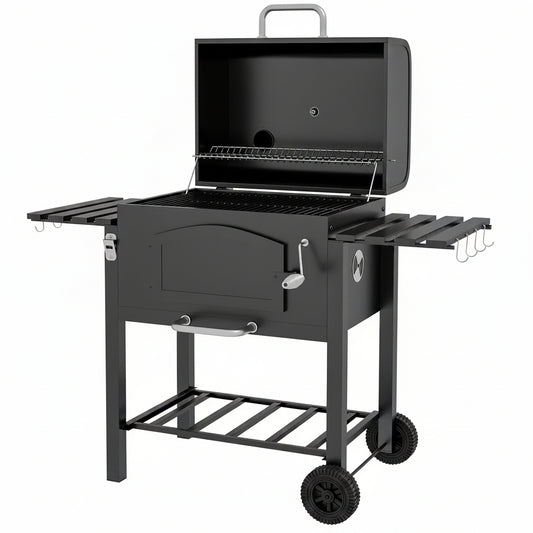 Charcoal Grill with Adjustable Height, Folding Shelves, Black