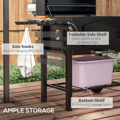 Charcoal Grill with Adjustable Height, Folding Shelves, Black