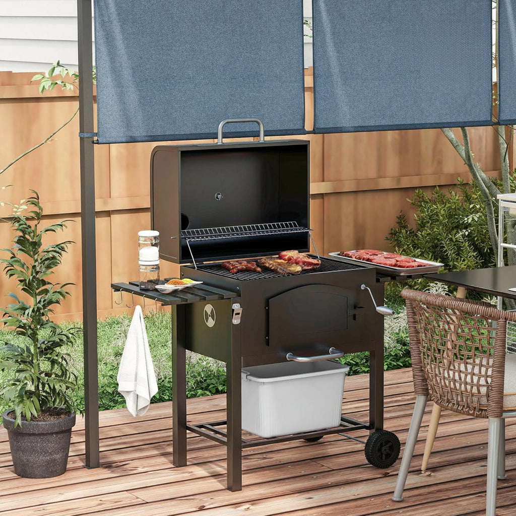 Charcoal Grill with Adjustable Height, Folding Shelves, Black