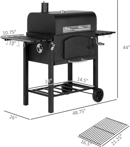 Charcoal Grill with Adjustable Height, Folding Shelves, Black